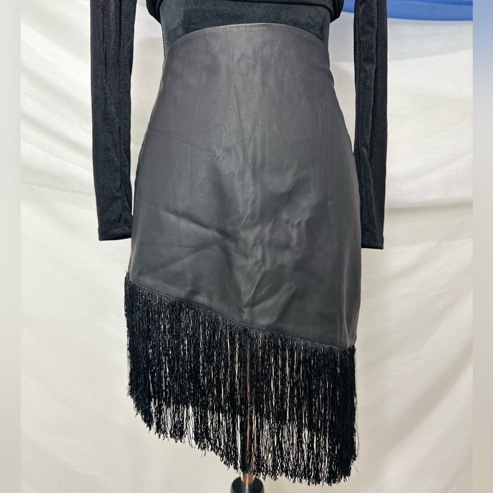 Black leather fringe express skirt